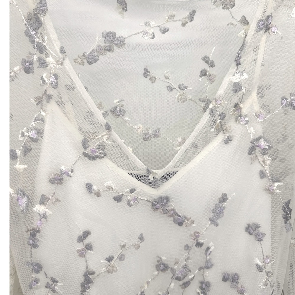 White House Black Market Womens Embroidered Mesh Blouse Small White Floral Sheer - Picture 6 of 9